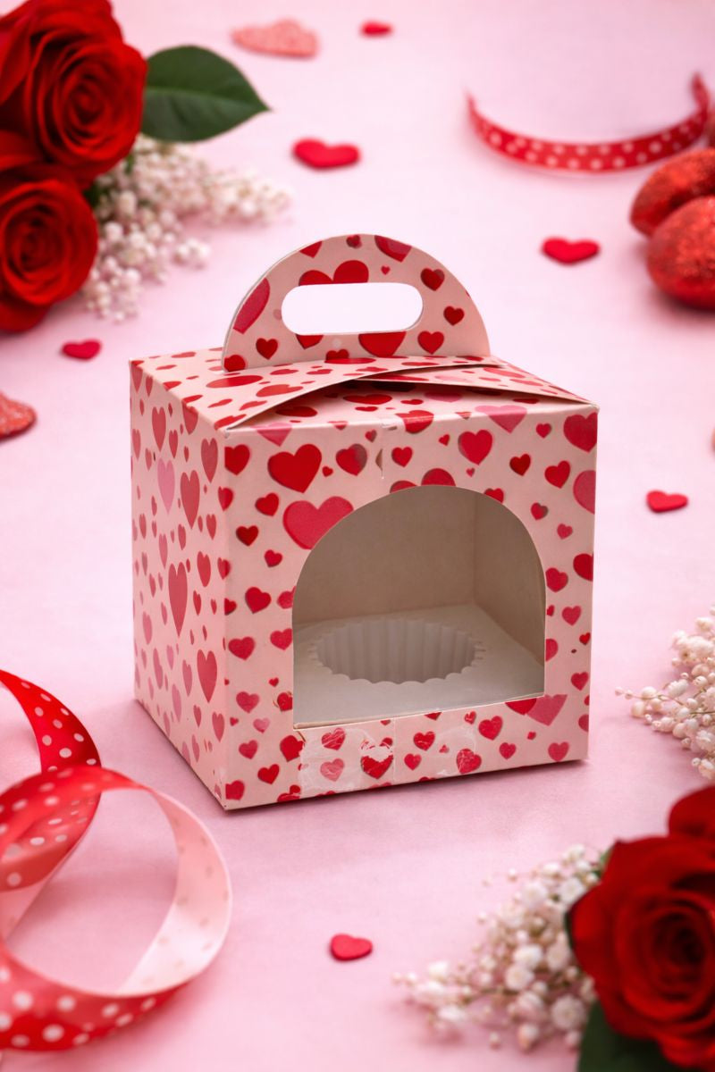 Valentine Heart Print Single Cupcake Box with Clear Window