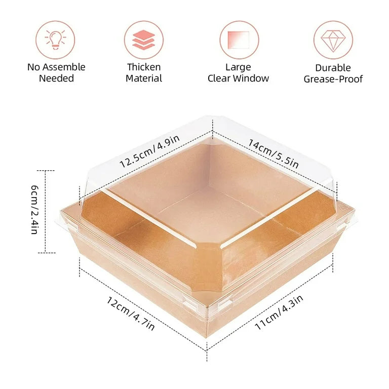 BIG SQUARE CONTAINER WITH LID | Square Disposable Paper Dessert Boxes with Clear Lids – Eco-Friendly Packaging