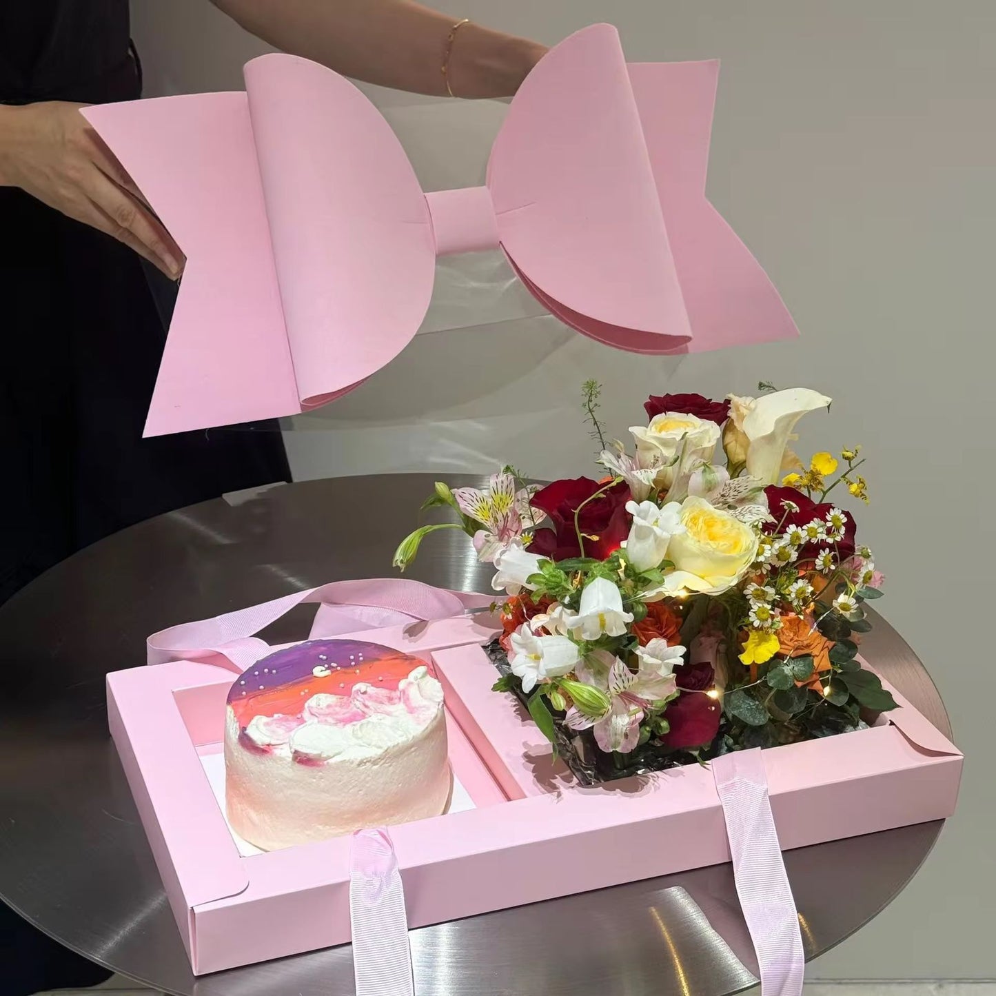 Luxury Pink Gift Box with Large Bow & Clear Lid | Pink Hamper Box With Bow