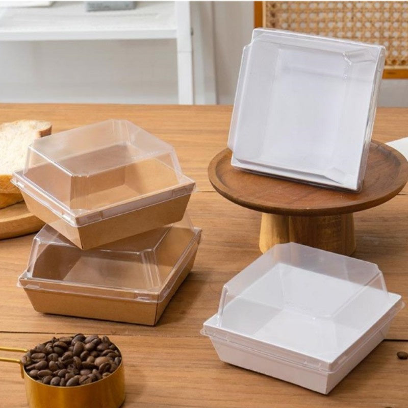 BIG SQUARE CONTAINER WITH LID | Square Disposable Paper Dessert Boxes with Clear Lids – Eco-Friendly Packaging
