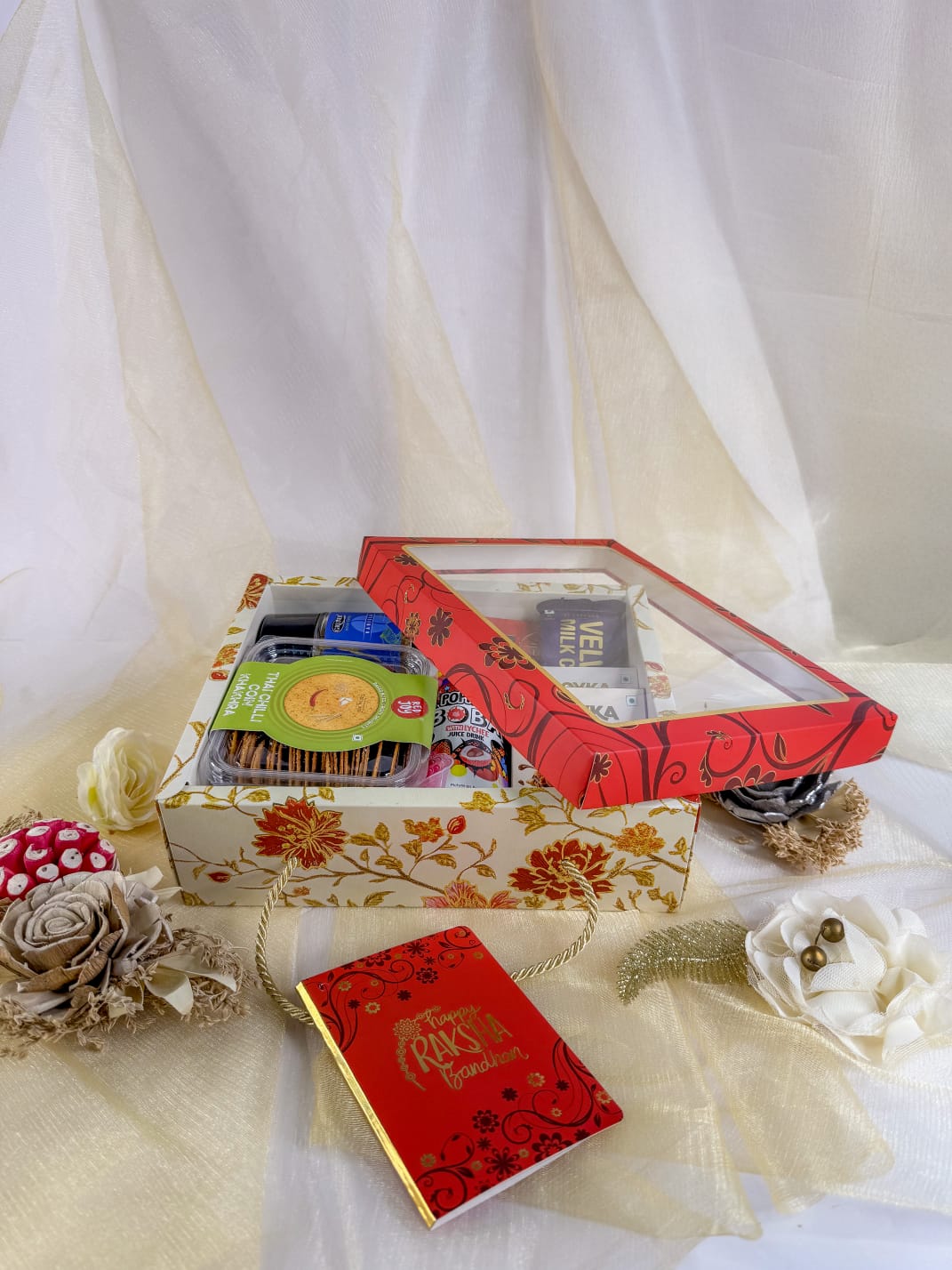 Luxury Floral Festive Gift Box with Handle β Transparent Lid | Rakhi Hamper Box (RED)