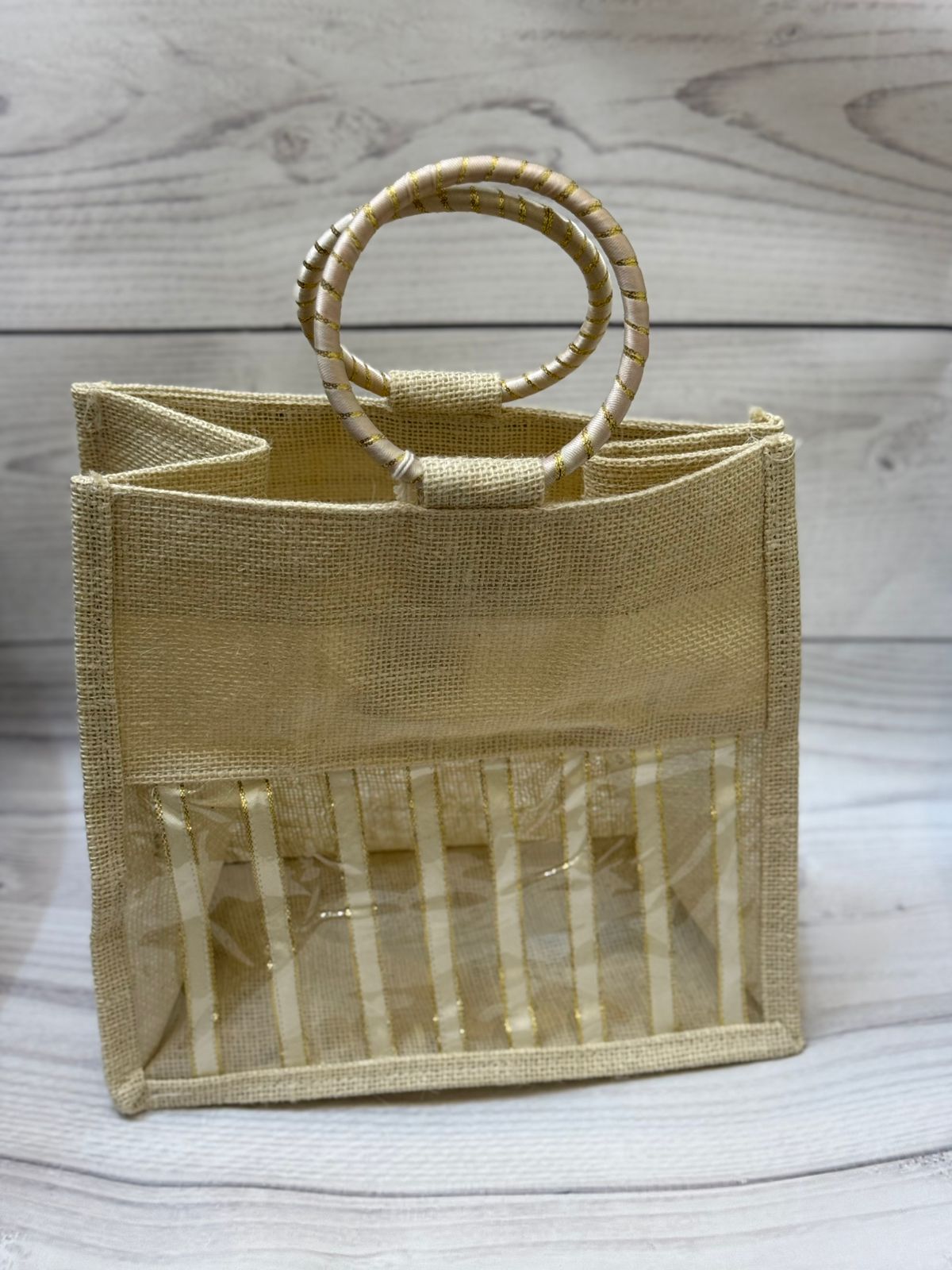 Eco-Friendly Jute Gift Bag with Transparent Window | Reusable Hamper & Packaging Tote Ivory