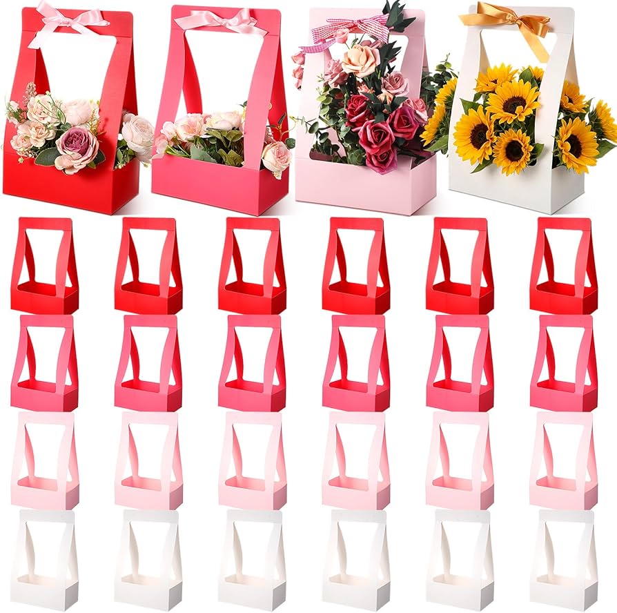 Red Premium Flower Carrier Box with Handle | Leakproof Bouquet & Hamper Packaging