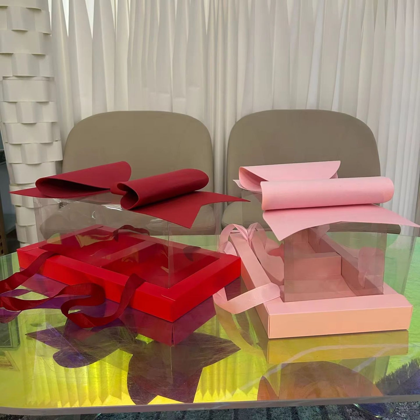 Luxury Pink Gift Box with Large Bow & Clear Lid | Pink Hamper Box With Bow