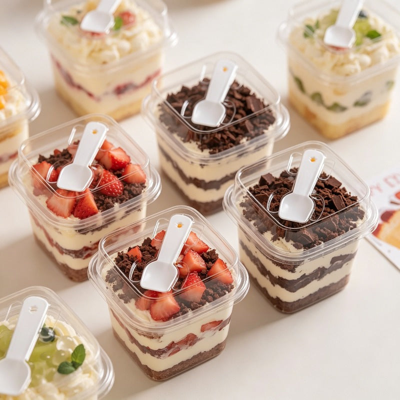 Imported Clear Square Dessert Container with Lid & Spoon | 350ml Premium Dessert Cup
