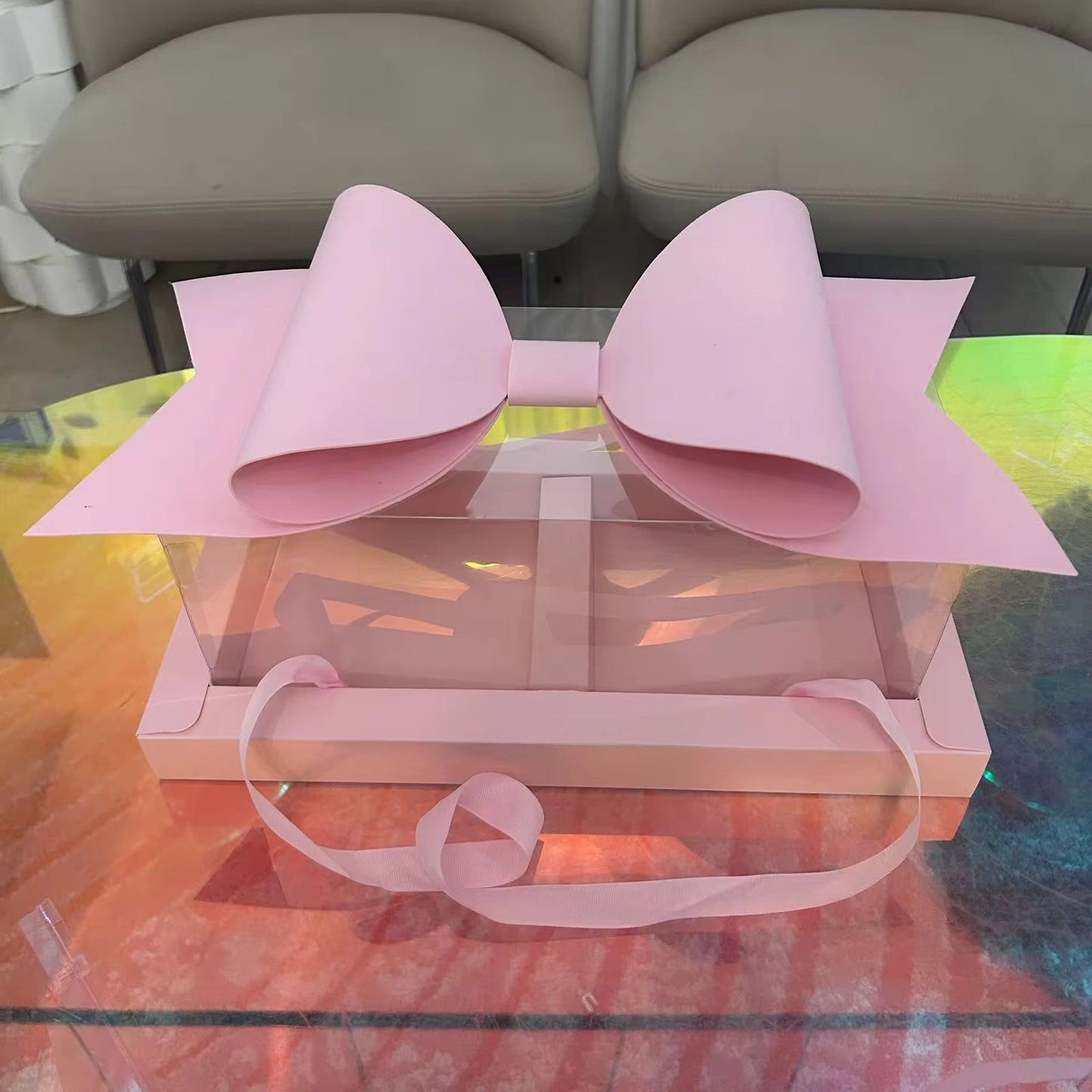 Luxury Pink Gift Box with Large Bow & Clear Lid | Pink Hamper Box With Bow