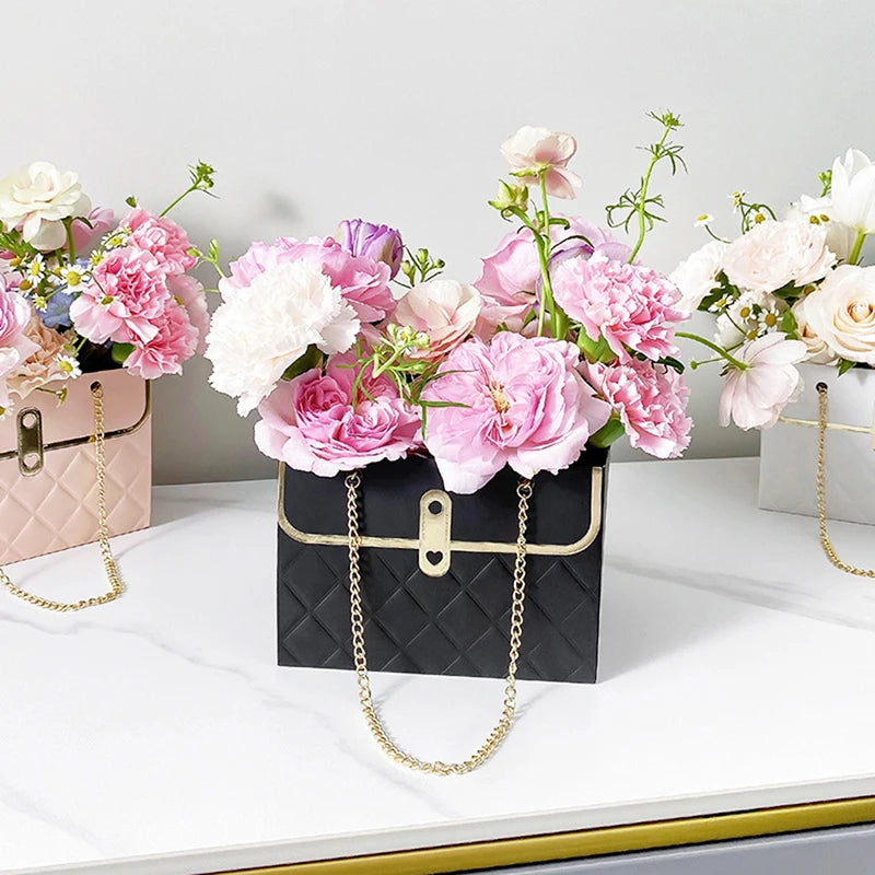 Black Luxury Floral Gift Bag with Chain | Decorative Flower Box for Gifting & Events