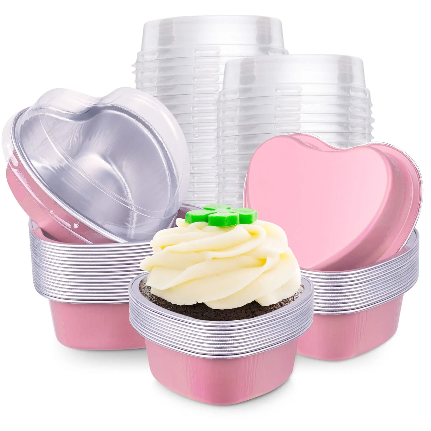 Pink Heart-Shaped Aluminum Foil Baking Cups with Lids –Disposable Cake Molds | HEART FOIL BAKE&SERVE WITH LID