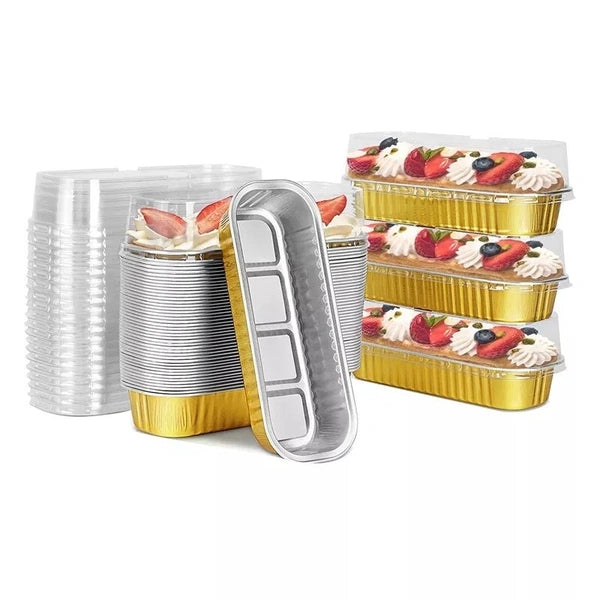 GOLDEN RECTANGLE FOIL BAKE&SERVE WITH LID | Long Cake Slice Containers with Clear Lids | Colorful Disposable Dessert Boxes for Pastries, Cakes, Treats