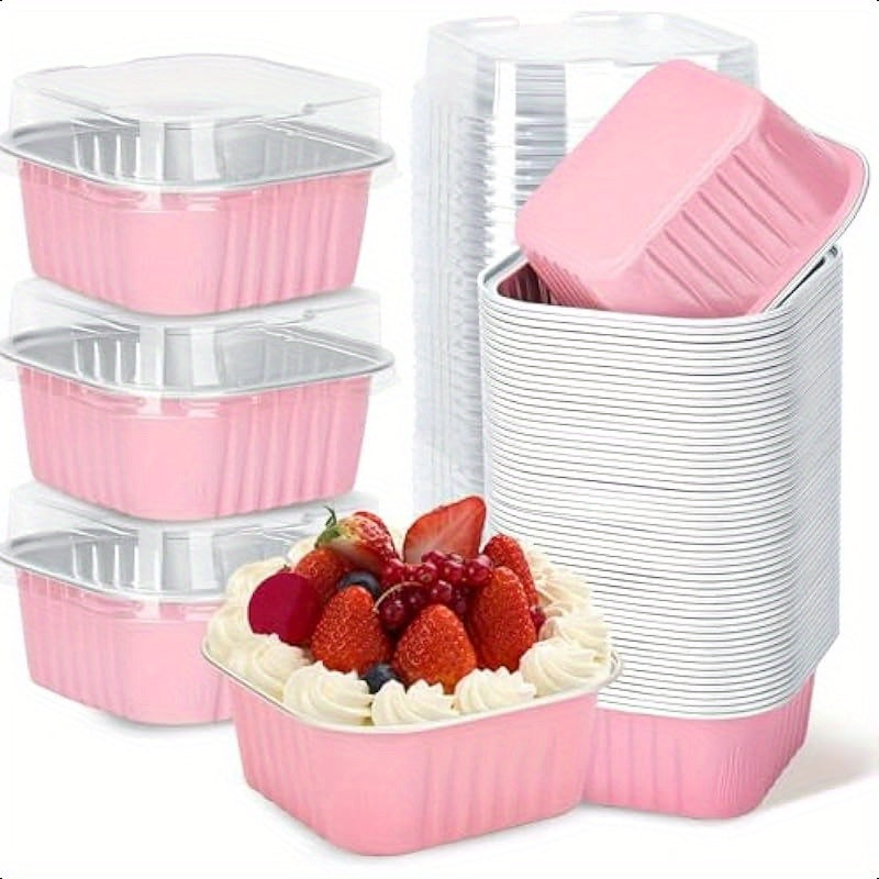 Pink Square Foil Dessert Containers with Lids – Bake & Serve Cups (With Transparent Dome Lids)