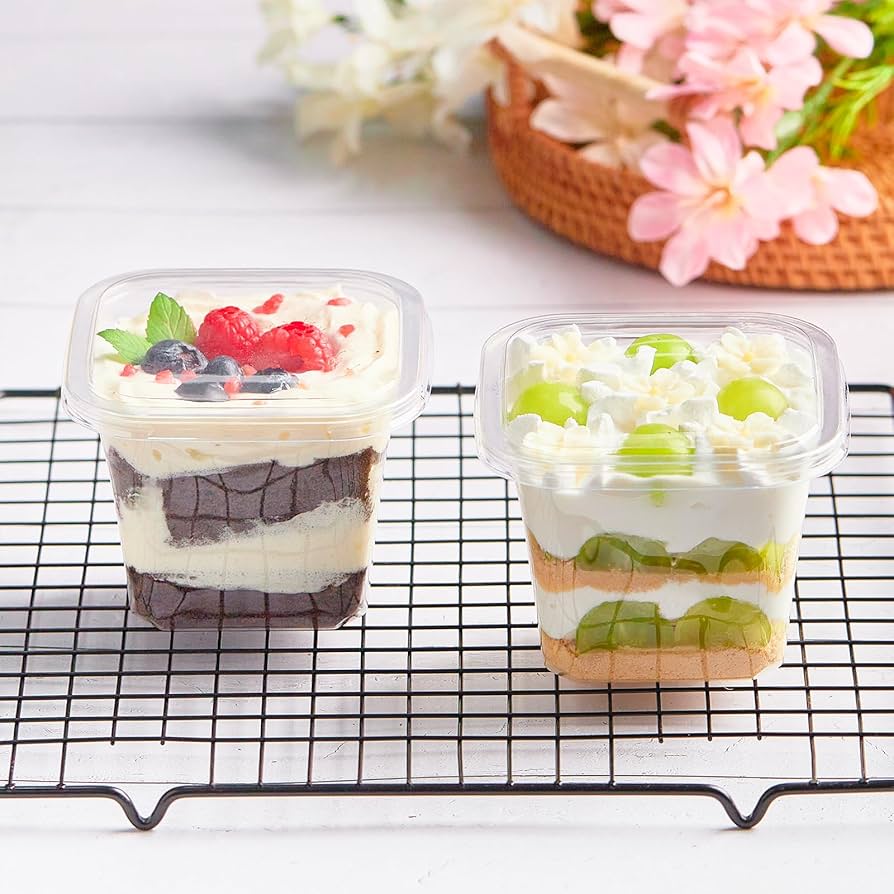 Square Layer Dessert Cups with Lids – 300ml Clear Cake & Trifle Containers
