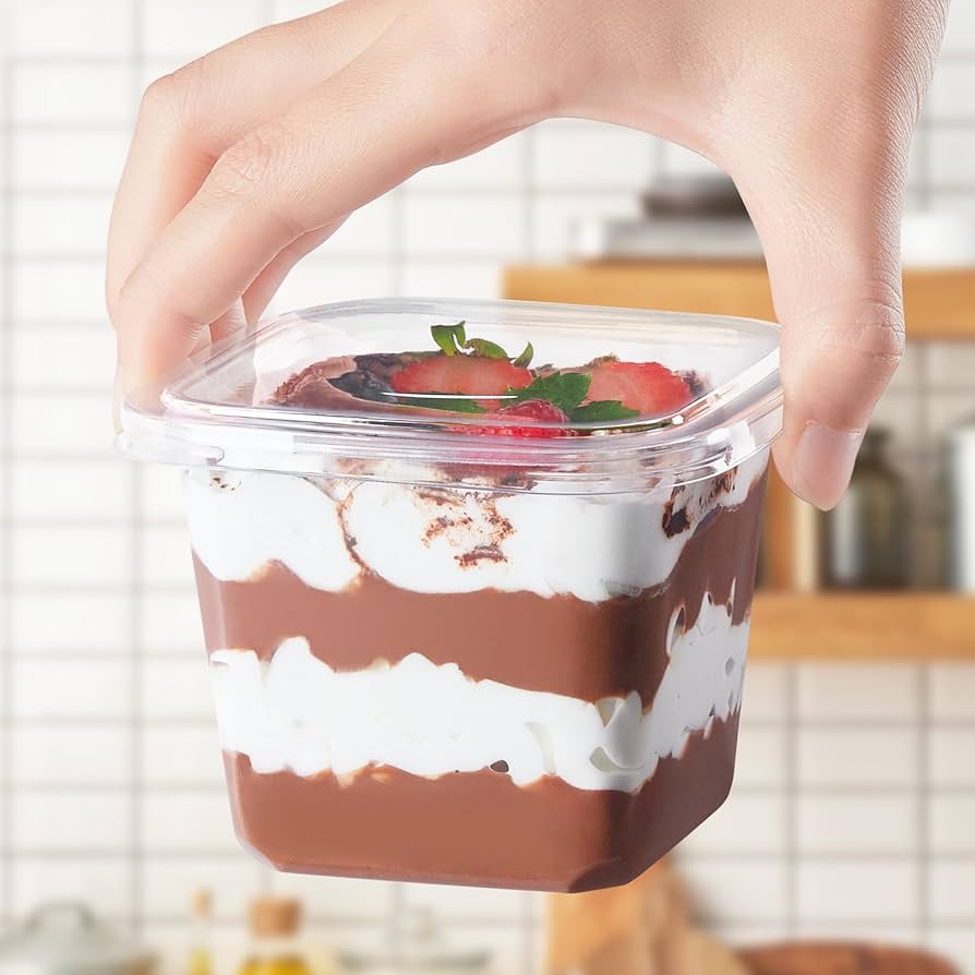 Square Layer Dessert Cups with Lids – 300ml Clear Cake & Trifle Containers