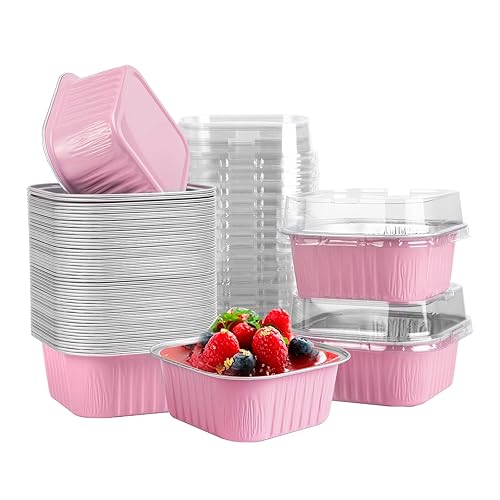 Pink Square Foil Dessert Containers with Lids – Bake & Serve Cups (With Transparent Dome Lids)