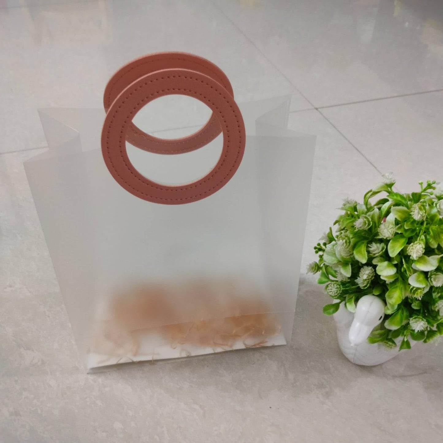 Elegant Frosted Square Gift Bag with round Red Handle