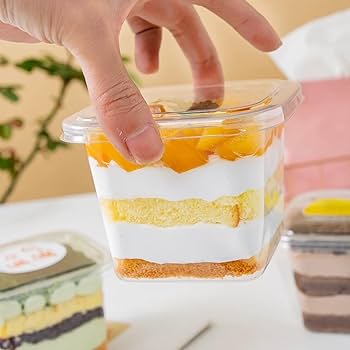 Square Layer Dessert Cups with Lids – 300ml Clear Cake & Trifle Containers