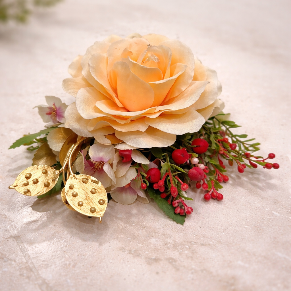 Elegant Artificial Rose Floral Brooch with Decorative Leaves