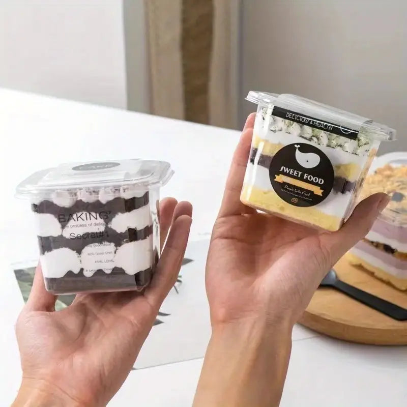 Square Layer Dessert Cups with Lids – 300ml Clear Cake & Trifle Containers