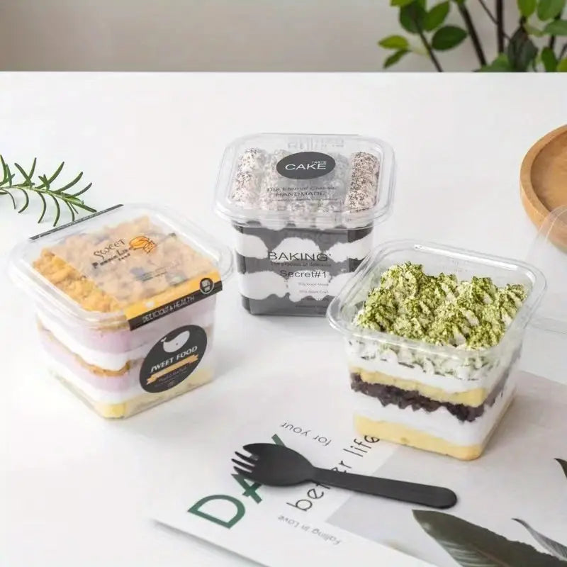 Square Layer Dessert Cups with Lids – 300ml Clear Cake & Trifle Containers