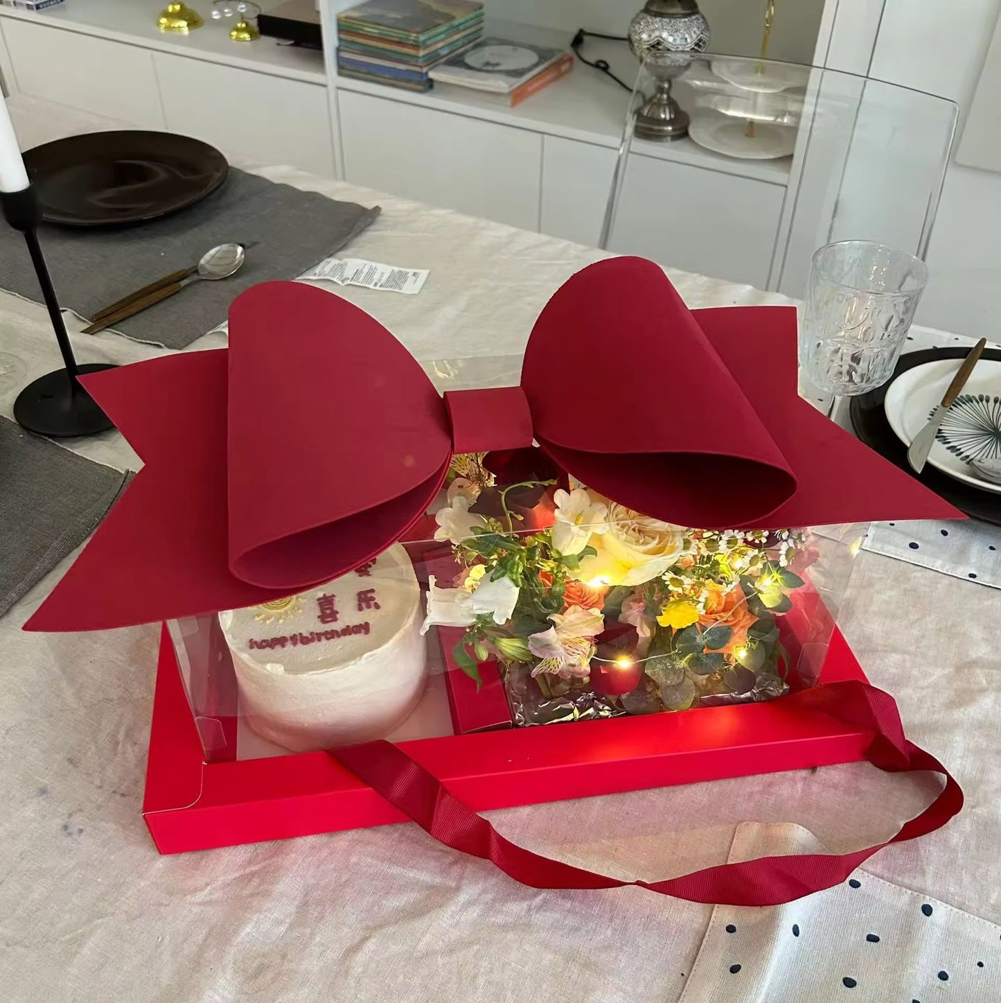 Luxury Red Gift Box with Large Bow & Clear Lid | Red Hamper Box With Bow