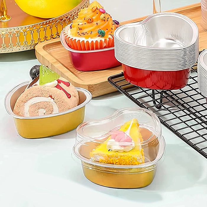 Golden Heart-Shaped Aluminum Foil Baking Cups with Lids –Disposable Cake Molds | HEART FOIL BAKE&SERVE WITH LID