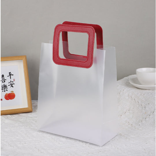 Elegant Frosted Square Gift Bag with Red Handle | Opaque Pvc Hamper Bag 28x24x13 cms