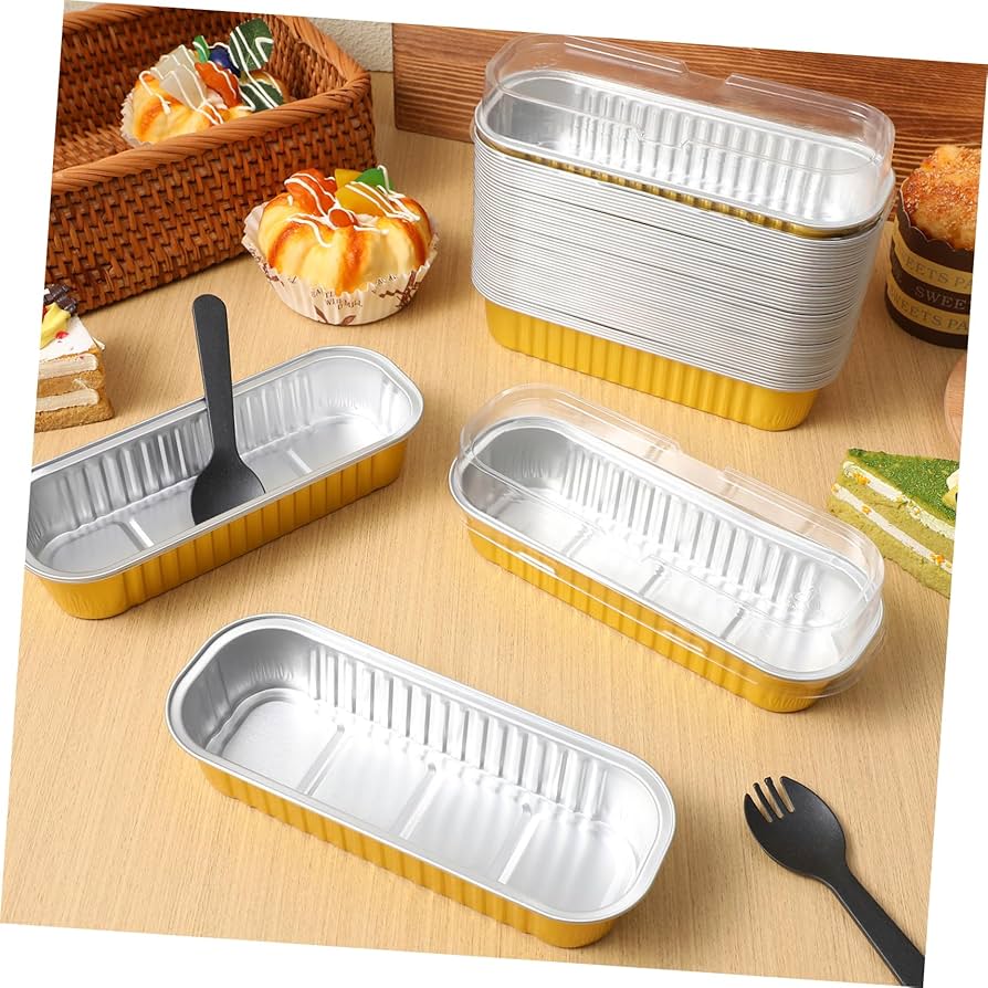 GOLDEN RECTANGLE FOIL BAKE&SERVE WITH LID | Long Cake Slice Containers with Clear Lids | Colorful Disposable Dessert Boxes for Pastries, Cakes, Treats