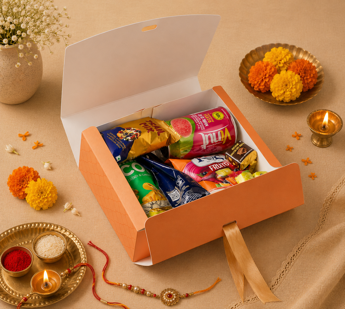 Peach Raksha Bandhan Premium Hamper Gift Box with Satin Ribbon | Festive Gift Packaging Box | 9 x 7 x 3 Inches