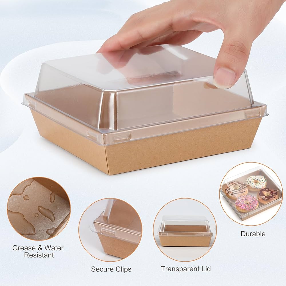 MEDIUM SQUARE BAKE AND SERVE WITH LID | Square Disposable Paper Dessert Boxes with Clear Lids – Eco-Friendly Packaging