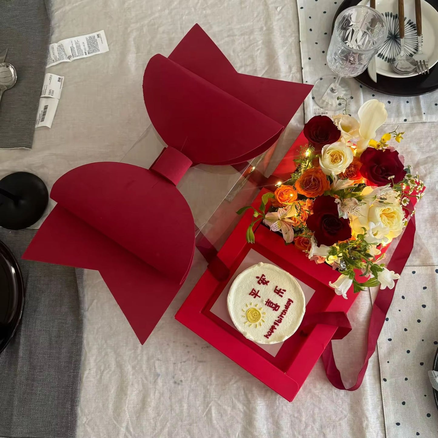 Luxury Red Gift Box with Large Bow & Clear Lid | Red Hamper Box With Bow