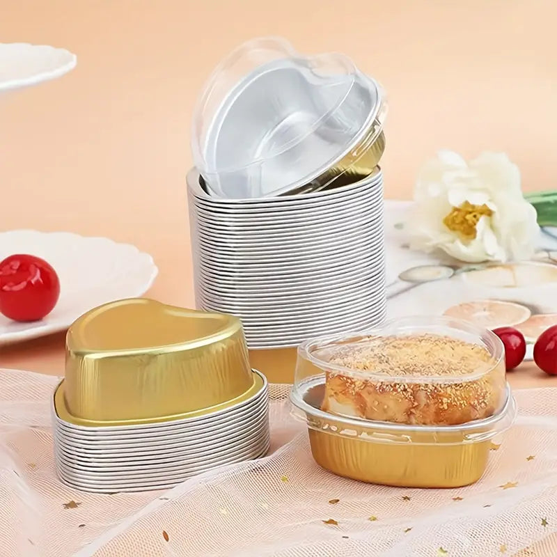 Golden Heart-Shaped Aluminum Foil Baking Cups with Lids –Disposable Cake Molds | HEART FOIL BAKE&SERVE WITH LID
