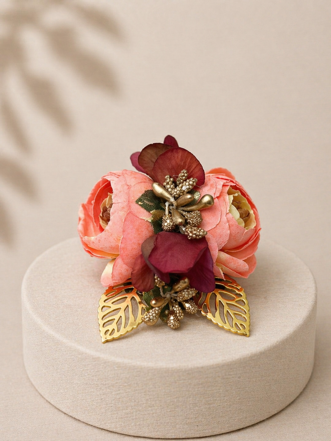 Peach Luxury Artificial Floral Corsage Brooch with Metallic Leaves & Beaded Detailing