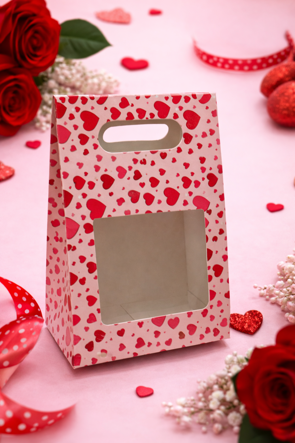 Valentine Heart Print Single Jar Gift Bag with Clear Window – Premium Gifting Packaging