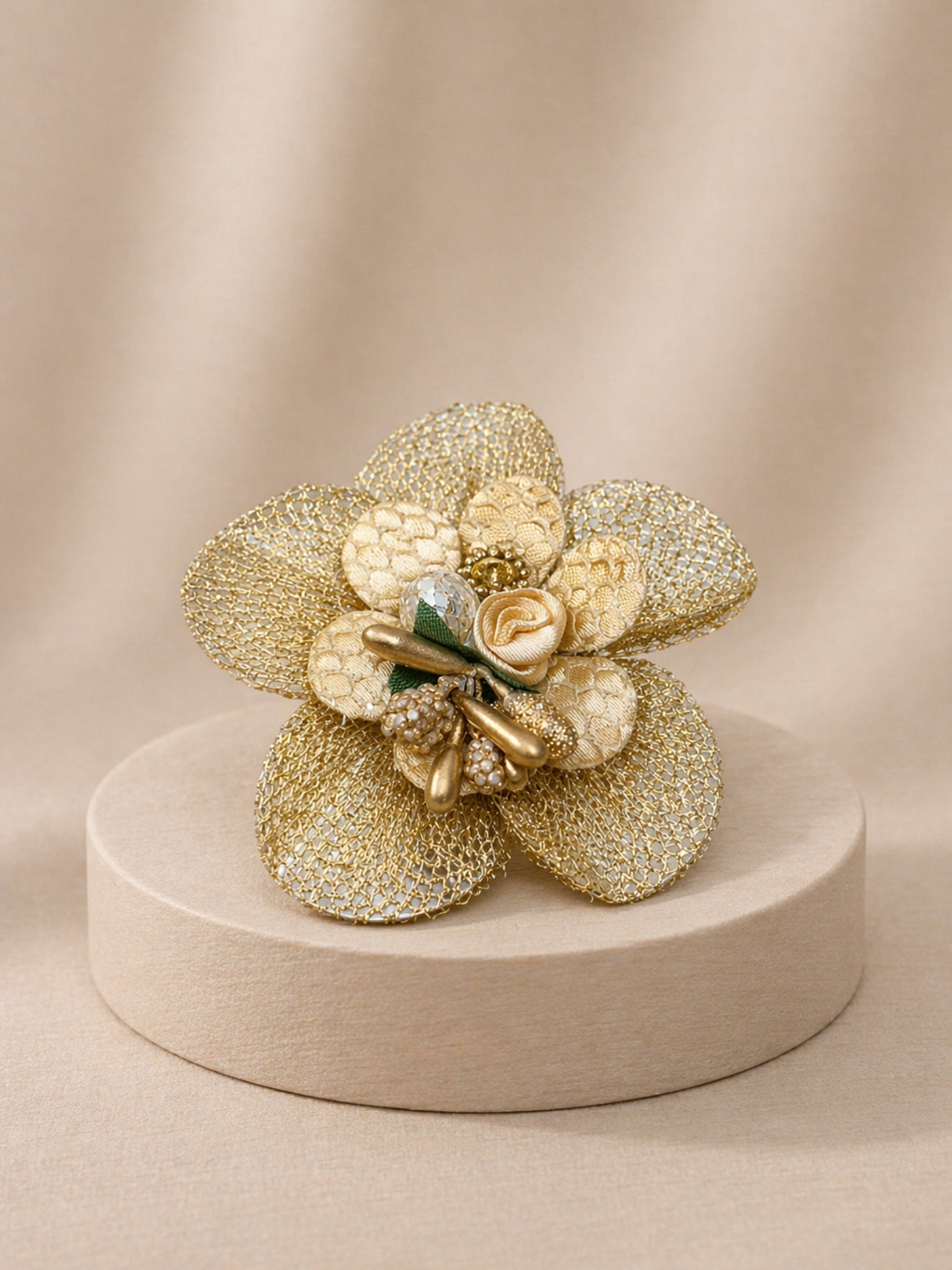 Luxury Gold Floral Brooch with Satin Rose & Beaded Detailing