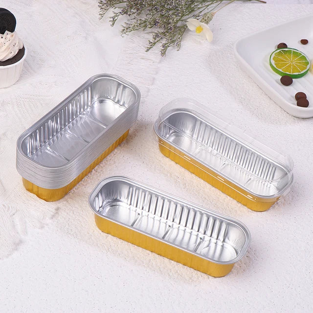 GOLDEN RECTANGLE FOIL BAKE&SERVE WITH LID | Long Cake Slice Containers with Clear Lids | Colorful Disposable Dessert Boxes for Pastries, Cakes, Treats