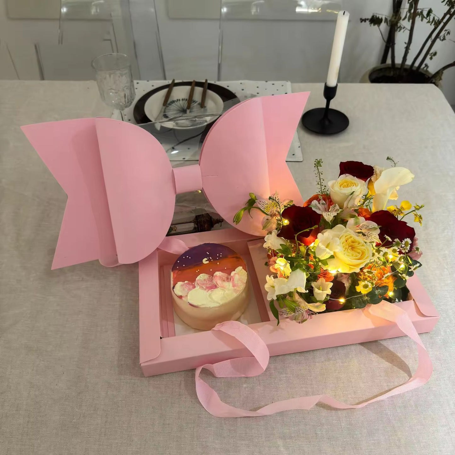 Luxury Pink Gift Box with Large Bow & Clear Lid | Pink Hamper Box With Bow