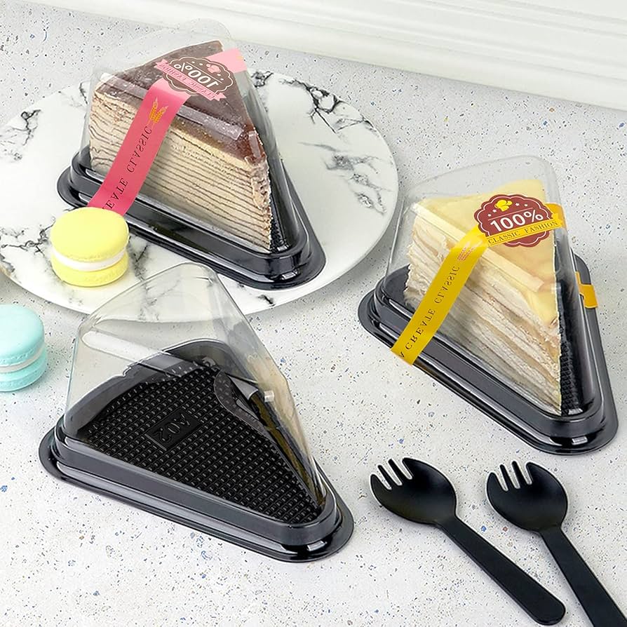 BLACK TRIANGLE PASTRY CONTAINER | Clear Hinged Plastic Clamshell for Cake or Pie Slices | Disposable Bakery Packaging