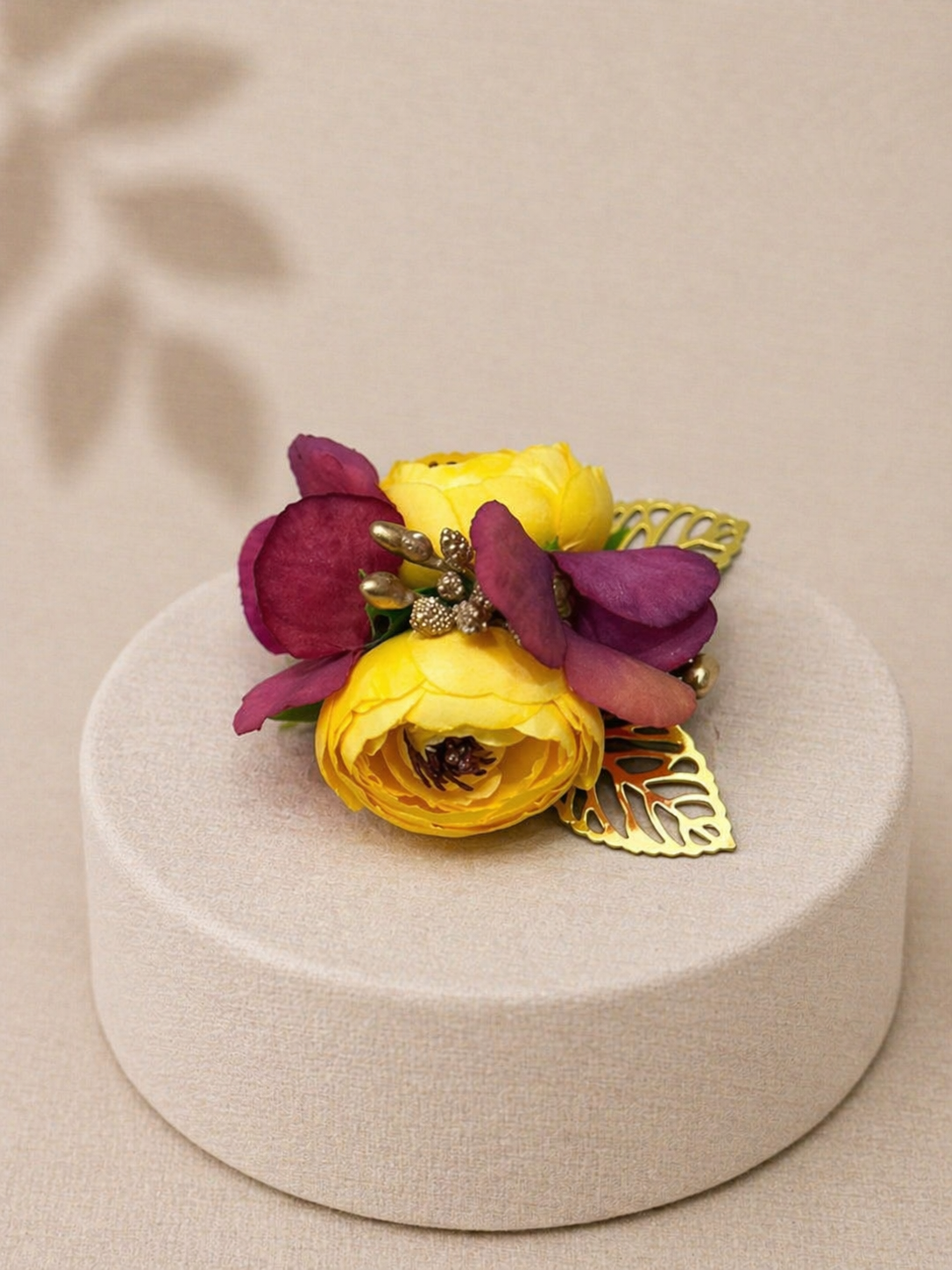 Yellow Luxury Artificial Floral Corsage Brooch with Metallic Leaves & Beaded Detailing
