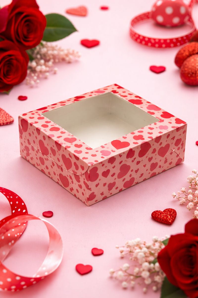 Valentine Heart Print 4 Brownie Box with Clear Window – Festive Packaging with Window