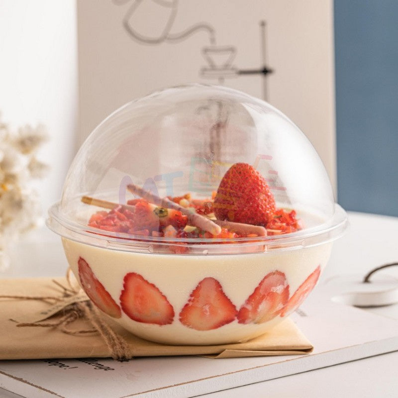 390ml Round Dessert Bowl with Dome Lid – Clear 13cm Dessert, Yogurt & Fruit Cream Container