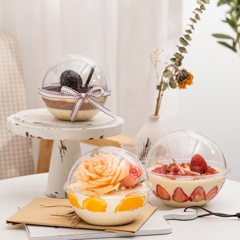 390ml Round Dessert Bowl with Dome Lid – Clear 13cm Dessert, Yogurt & Fruit Cream Container