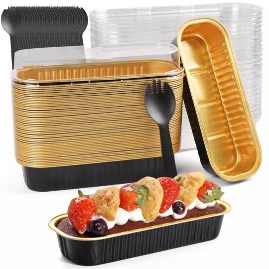 BLACK RECTANGLE FOIL BAKE&SERVE WITH LID | Long Cake Slice Containers with Clear Lids – Colorful Disposable Dessert Boxes for Pastries, Cakes, Treats
