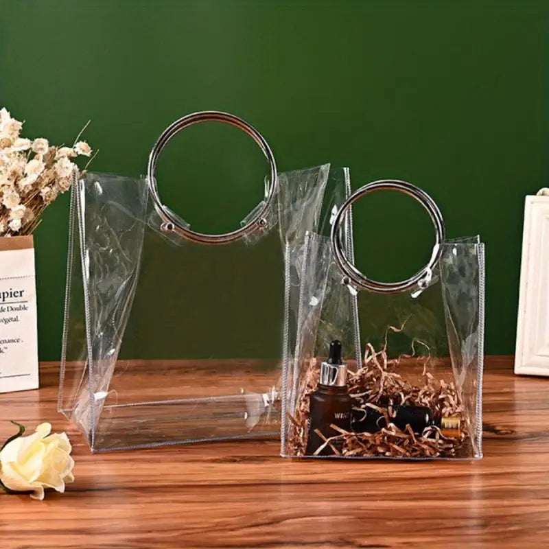 Clear PVC Gift Bag with Round Metal Handle | Metal Handle Pvc Hamper Bag 28x25x14cms