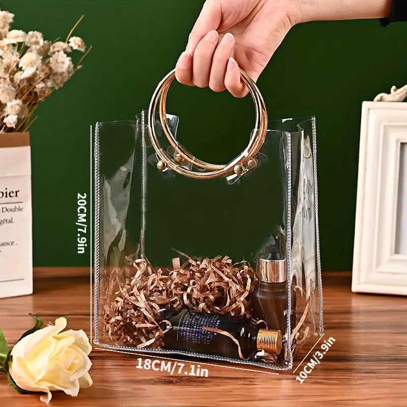 Clear PVC Gift Bag with Round Metal Handle | Metal Handle Pvc Hamper Bag 20x18x10cms