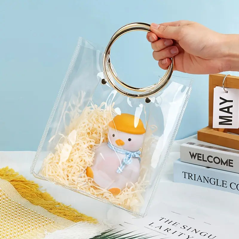Clear PVC Gift Bag with Round Metal Handle | Metal Handle Pvc Hamper Bag 20x18x10cms