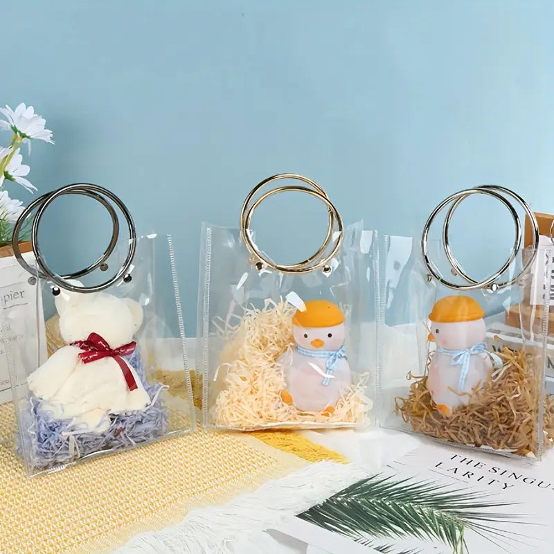 Clear PVC Gift Bag with Round Metal Handle | Metal Handle Pvc Hamper Bag 28x25x14cms
