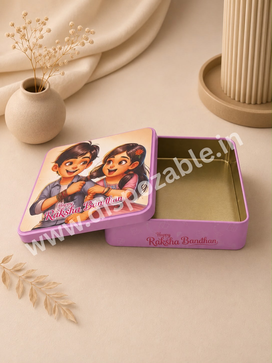 Premium Pink Raksha Bandhan Gift Tin Box with Lid | Reusable Metal Storage Box | 15 x 15 x 4 cm