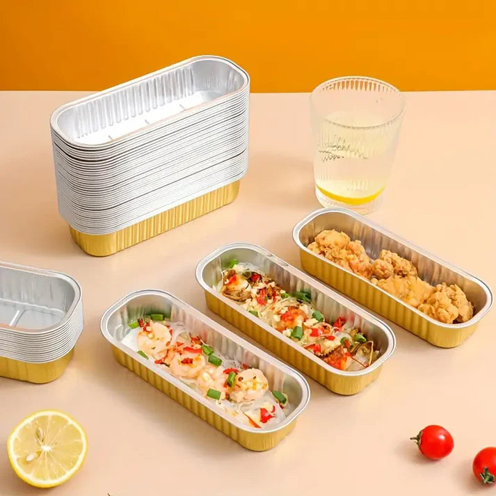 GOLDEN RECTANGLE FOIL BAKE&SERVE WITH LID | Long Cake Slice Containers with Clear Lids | Colorful Disposable Dessert Boxes for Pastries, Cakes, Treats