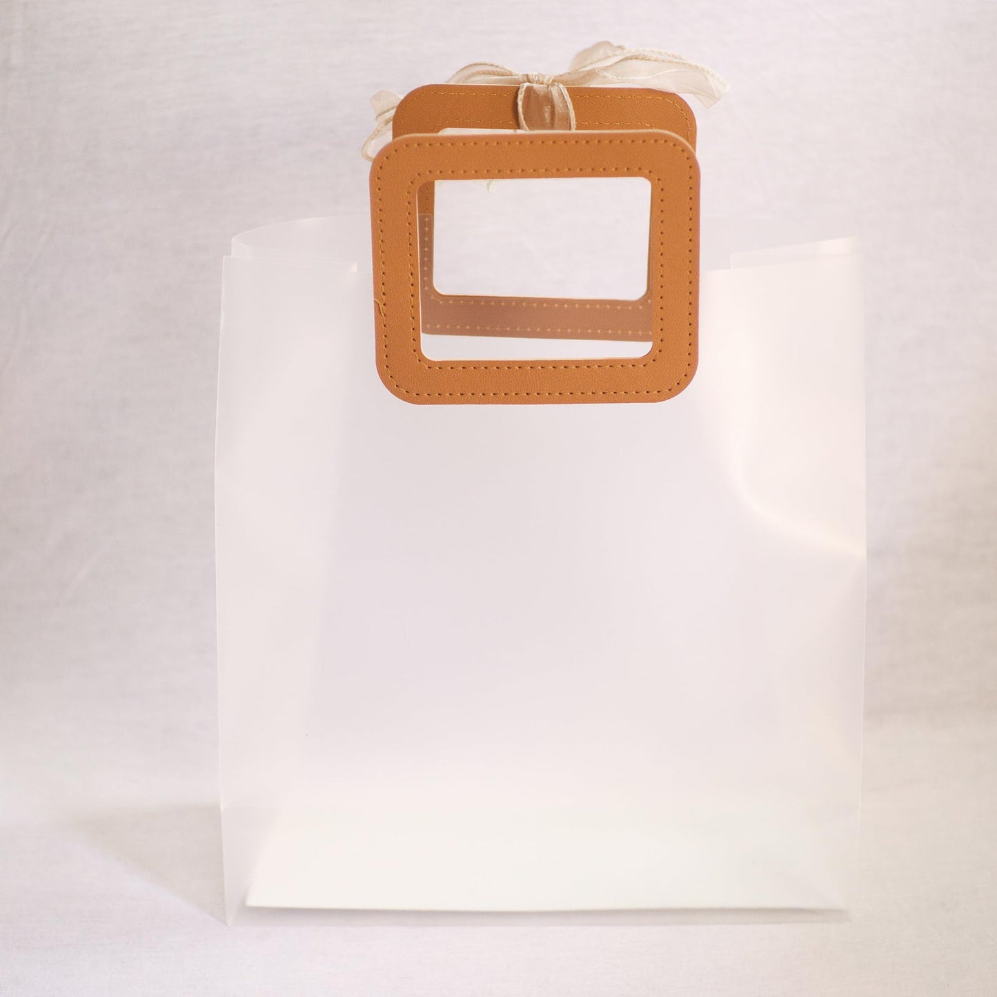 Elegant Frosted Square Gift Bag with Beige Handle | Opaque Pvc Hamper Bag 28x24x13 cms