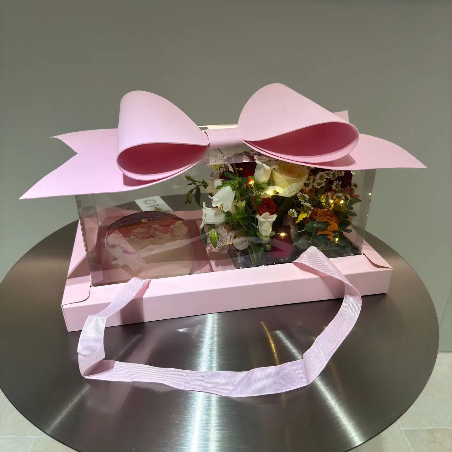 Luxury Pink Gift Box with Large Bow & Clear Lid | Pink Hamper Box With Bow