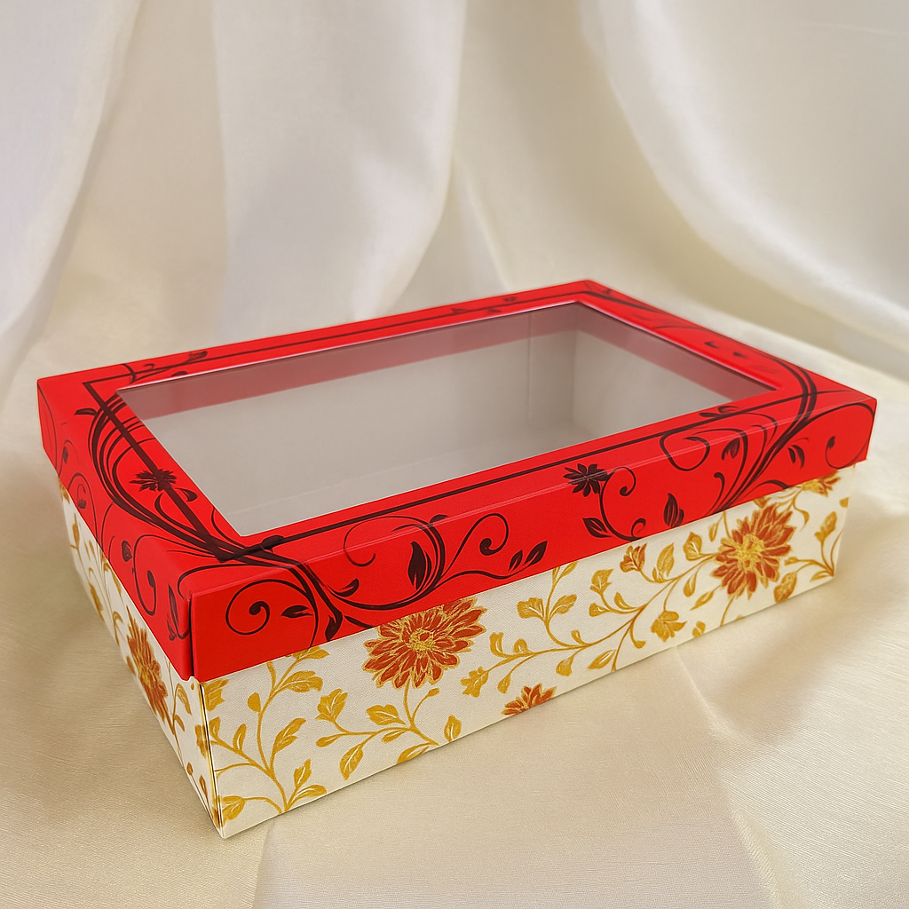 Luxury Floral Festive Gift Box with Handle β Transparent Lid | Rakhi Hamper Box (RED)